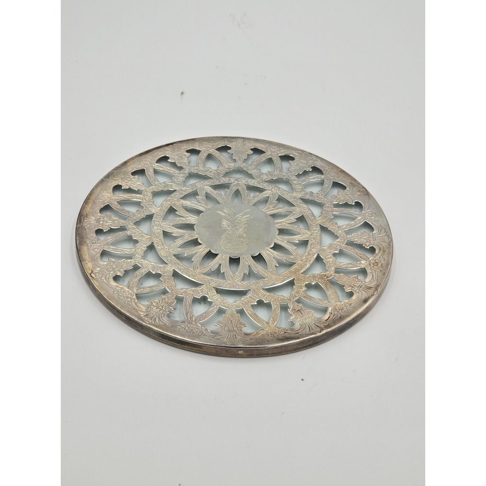 Vintage Silver Plate Glass Lined Trivet Pineapple Filigree Round 6 Inch